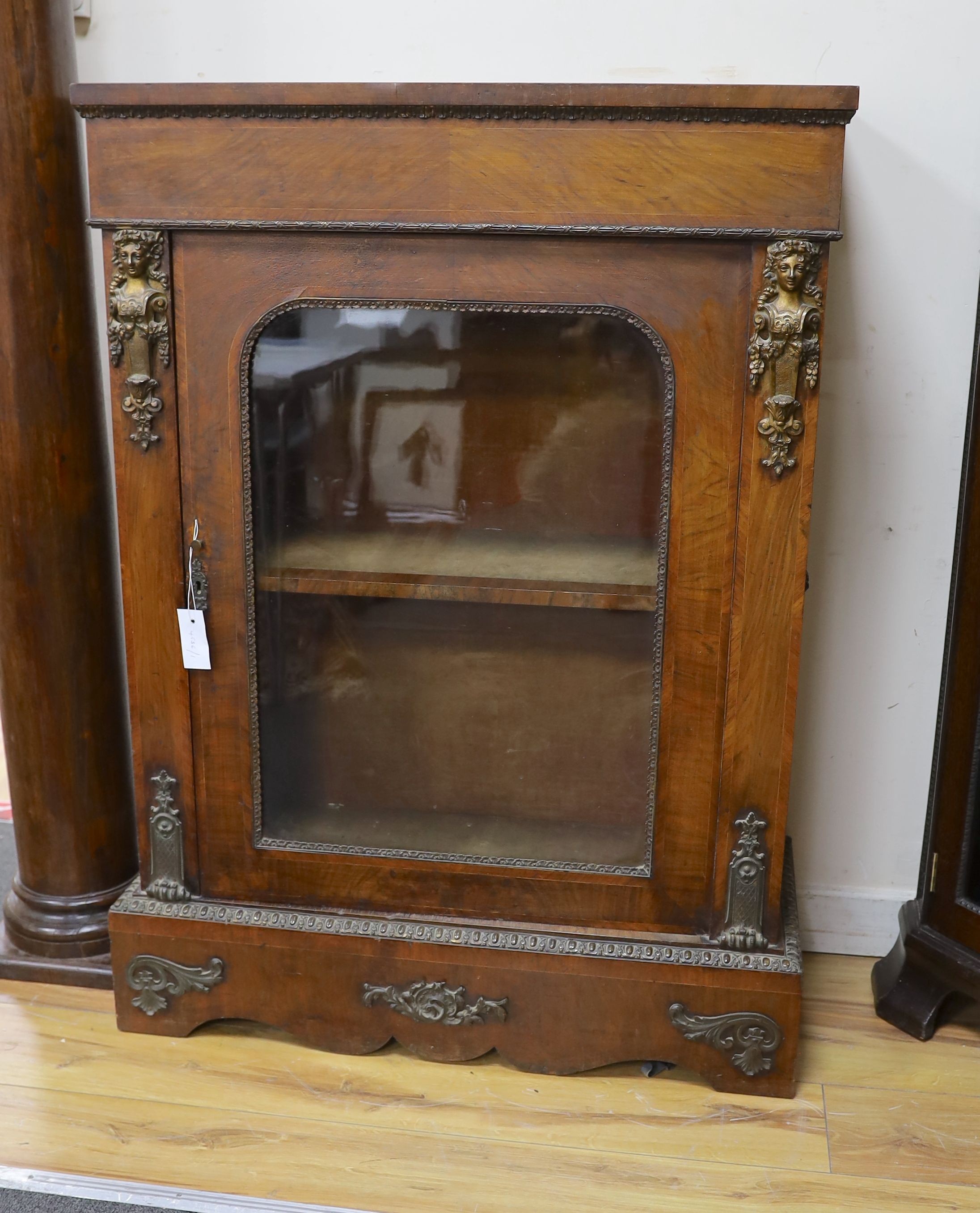 A Victorian gilt metal mounted walnut pier cabinet, width 80cm, depth 32cm, height 112cm